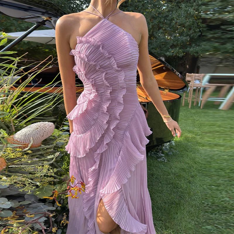 Vestido de tul con volantes y tirantes tipo halter Ruffa