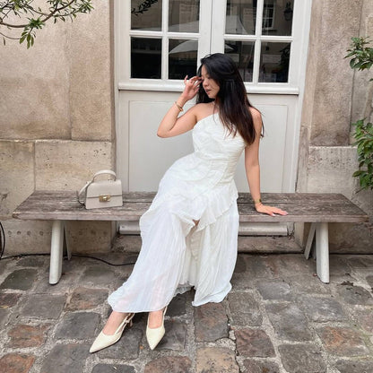 Vestido de tul con volantes y tirantes tipo halter Ruffa