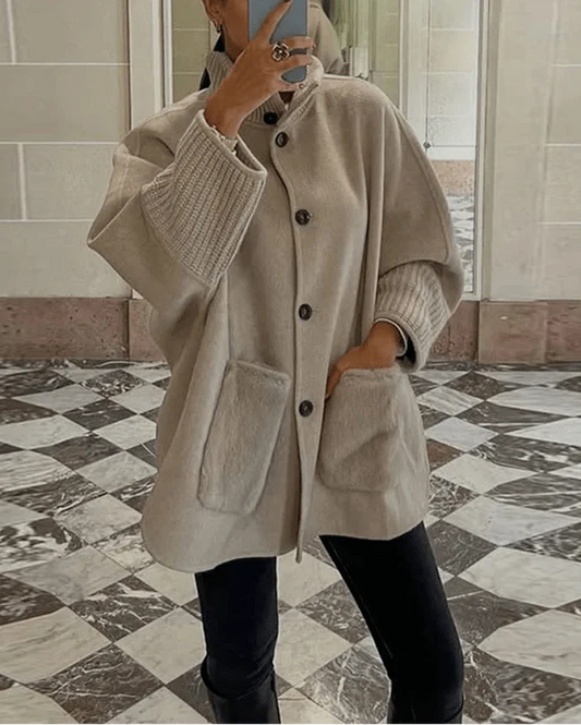 Abrigo de punto con cuello alto Terry y piel sintética