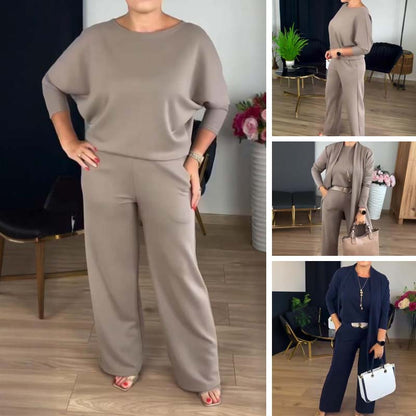 Conjunto de 3 piezas, rebeca larga, top y pantalón.