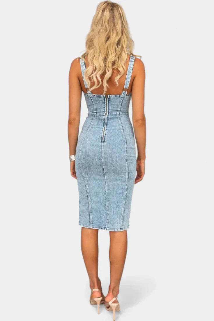 Vestido Denim con Tirantes Ajustables y Abertura Frontal
